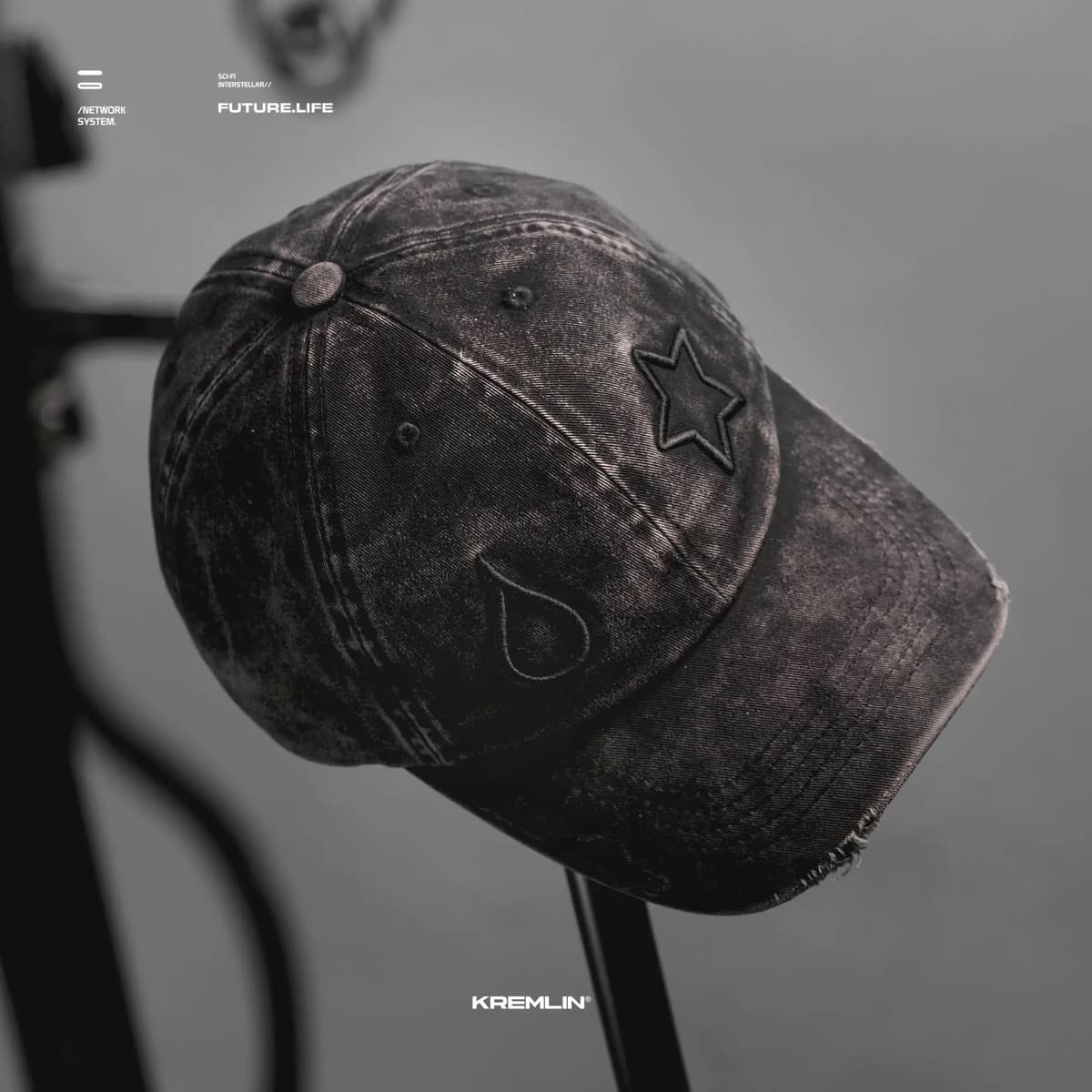 KREMLIN Topi Washed Raw Polo Cap Smoke Black Hat - HISOKA