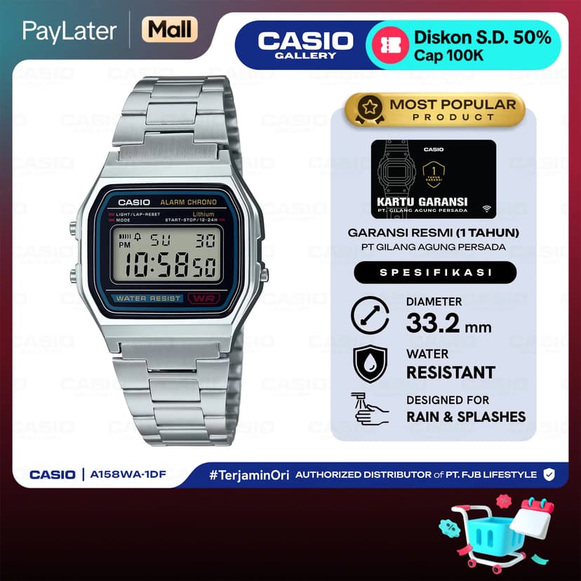 Casio Jam Tangan Unisex General A158WA-1DF Original Digital Silver Watches